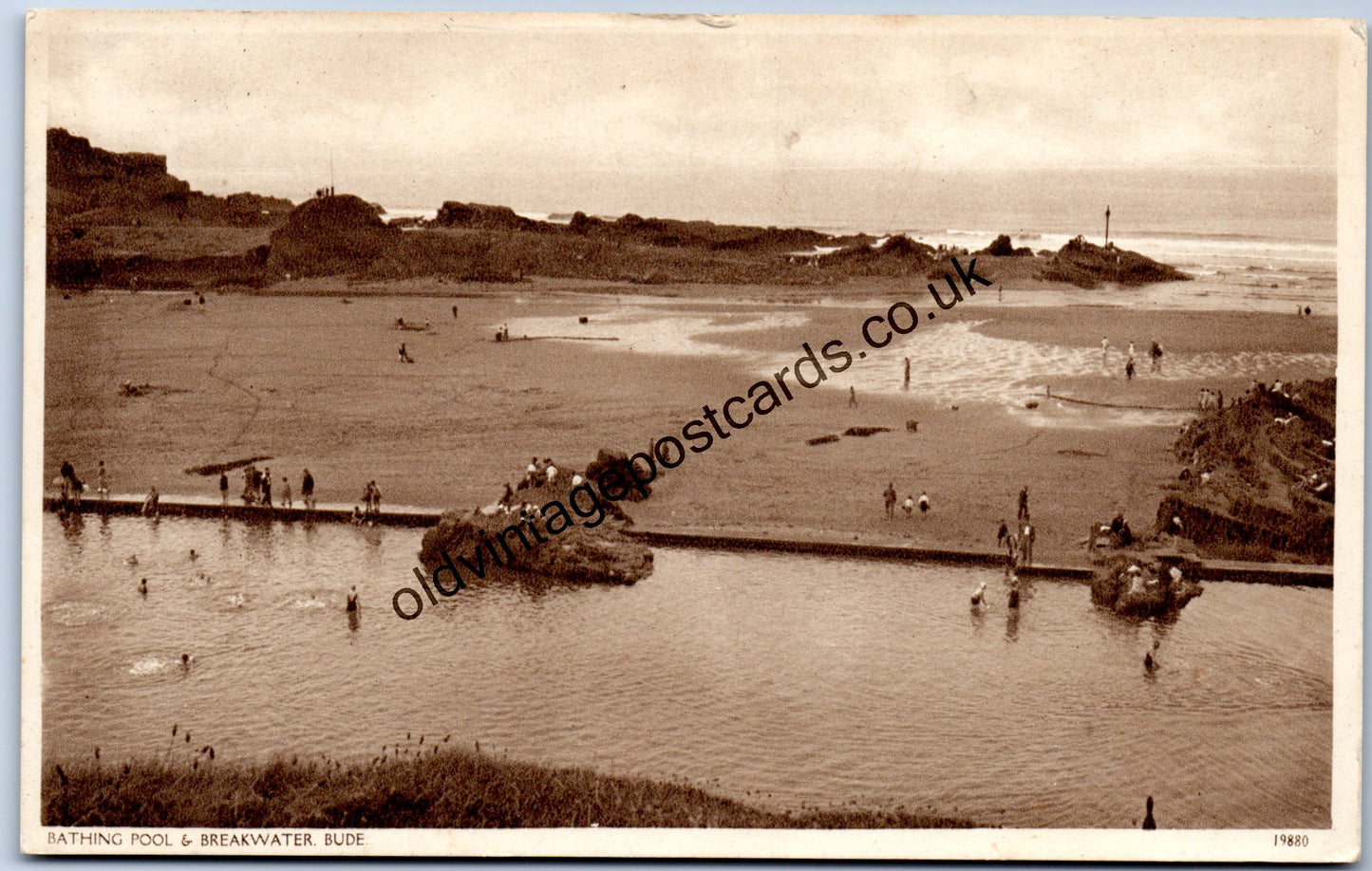 Bathing Pool and Breakwater Bude Cornwall 1950 old postcard