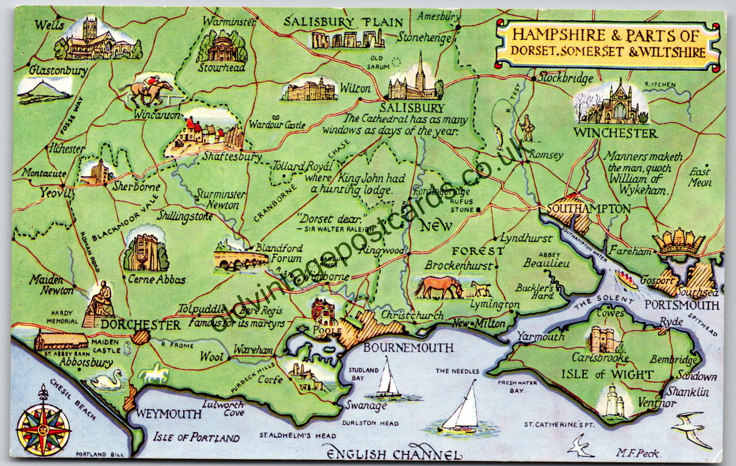 Old map collectable postcard of Hampshire & parts of Dorset, Somerset and Wiltshire