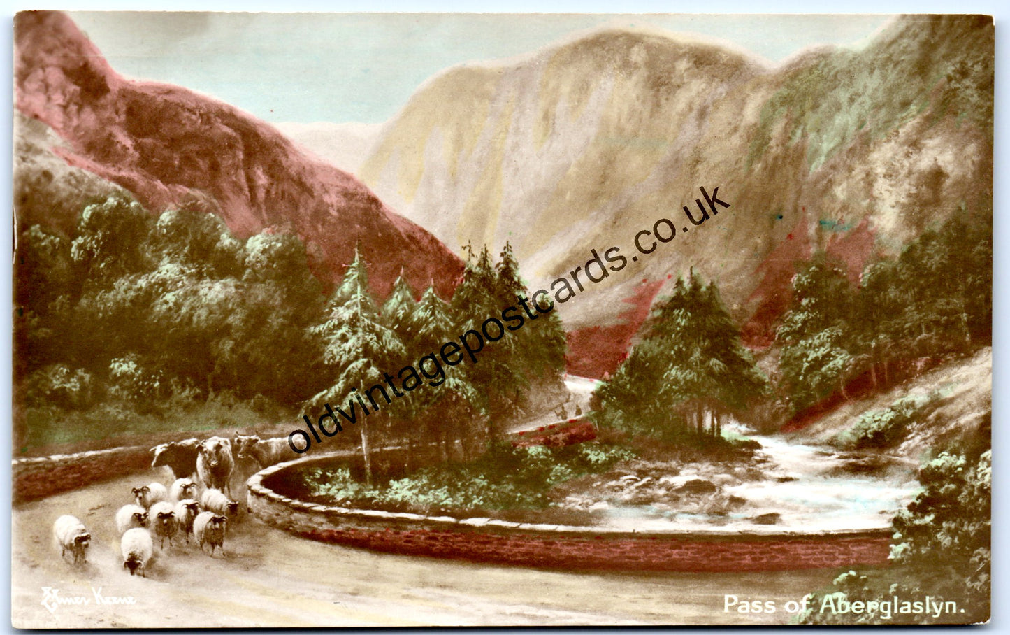 Pass of Aberglaslyn Wales old collectable postcard with views of sheep and Welsh hills