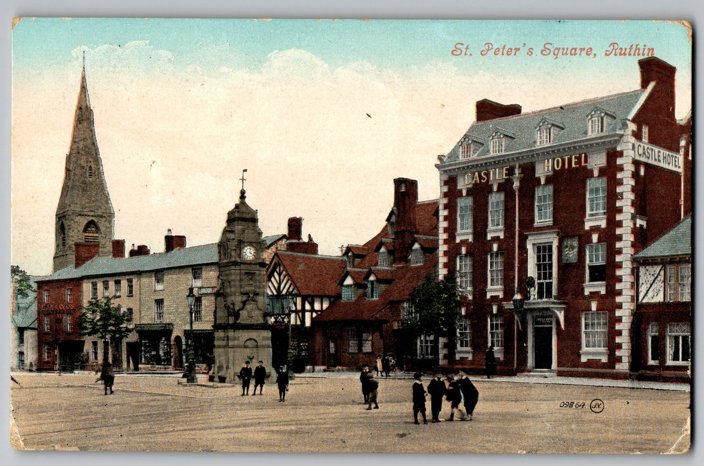 St Peters Square Ruthin with view of Peers Memorial and Castle Hotel old postcard